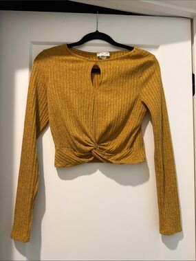 Mustard Twist-Front Long Sleeve Crop Top - Women